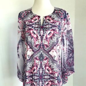 JM COLLECTION ABSTRACT BUTTERFLY SLEEVES TUNIC TOP SZ L